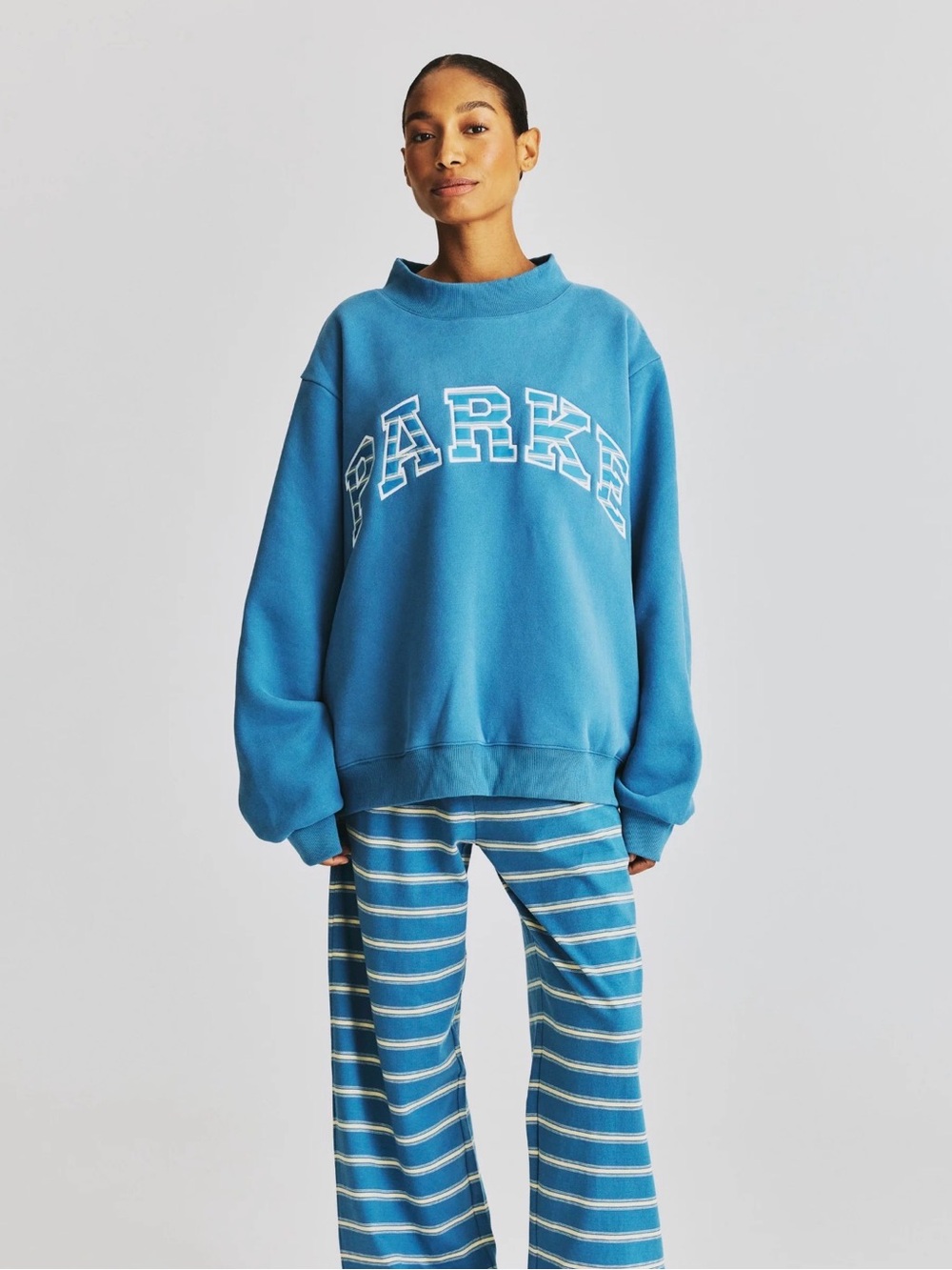 Parke Washed Indigo and washed Indigo Stripes Mockneck Sweater